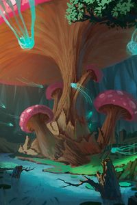 Превью обои грибы, дерево, медузы, фантастика, арт