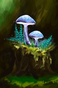 Превью обои грибы, ветки, частицы, арт