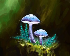 Превью обои грибы, ветки, частицы, арт