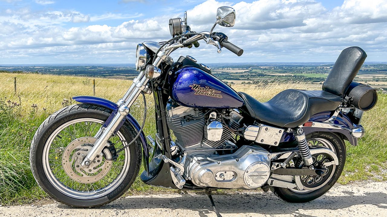 Обои harley-davidson, мотоцикл, байк, синий, поле, небо