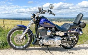 Превью обои harley-davidson, мотоцикл, байк, синий, поле, небо