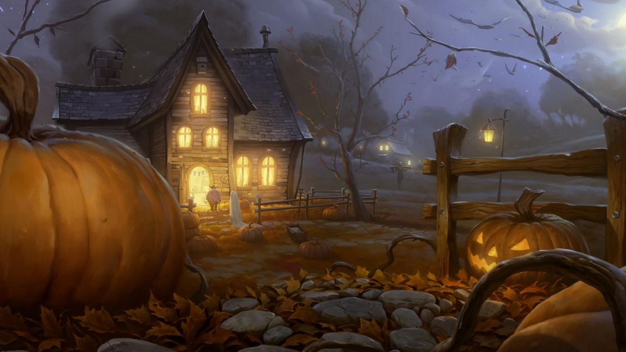 Обои хэллоуин, праздник, ночь, дом, свет, тыквы, фонарь джека