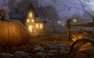 Превью обои хэллоуин, праздник, ночь, дом, свет, тыквы, фонарь джека