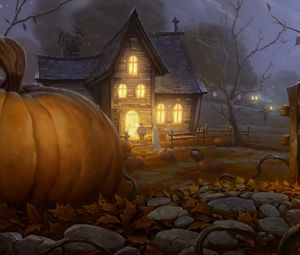 Превью обои хэллоуин, праздник, ночь, дом, свет, тыквы, фонарь джека