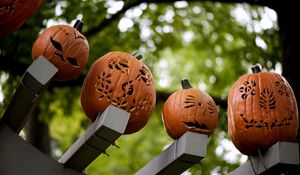 Превью обои хэллоуин, праздник, тыквы, морды, дерево, балки