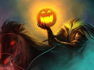 Превью обои хэллоуин, праздник, всадник без головы, тыква, конь