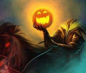 Превью обои хэллоуин, праздник, всадник без головы, тыква, конь