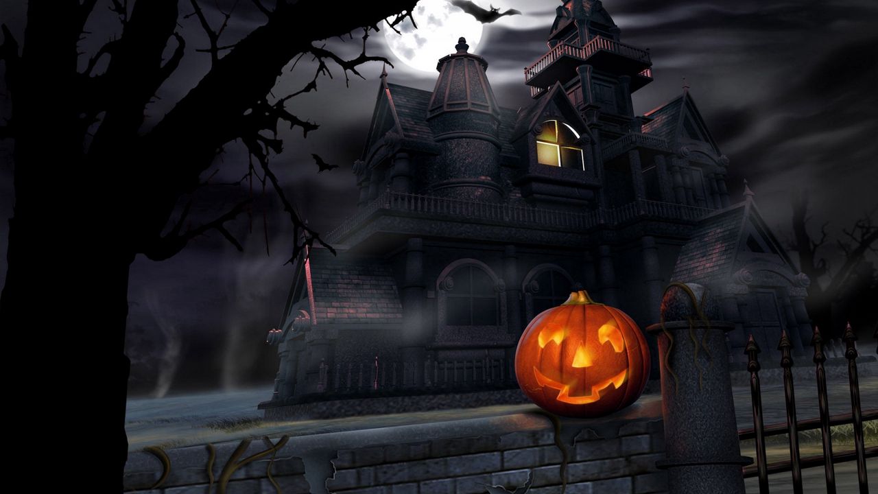 Обои хэллоуин, тыква, фонарь, дом, темнота, мрак