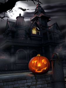 Превью обои хэллоуин, тыква, фонарь, дом, темнота, мрак