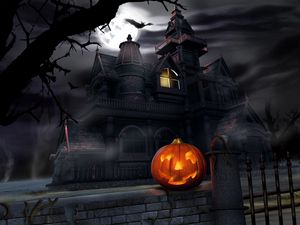 Превью обои хэллоуин, тыква, фонарь, дом, темнота, мрак