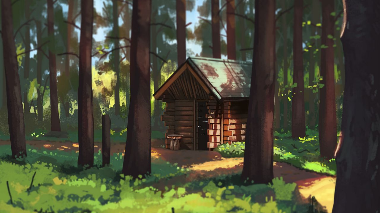 Обои хижина, деревья, лес
