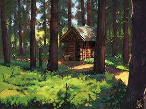Превью обои хижина, деревья, лес