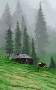 Превью обои хижина, деревья, трава, арт