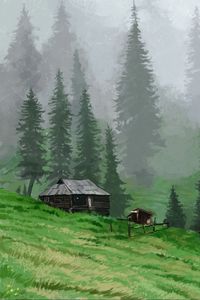 Превью обои хижина, деревья, трава, арт
