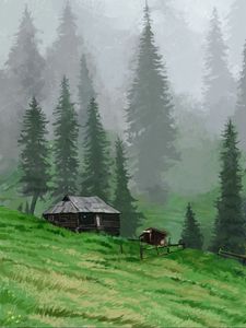 Превью обои хижина, деревья, трава, арт