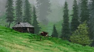 Превью обои хижина, деревья, трава, арт