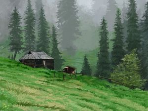 Превью обои хижина, деревья, трава, арт