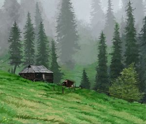 Превью обои хижина, деревья, трава, арт