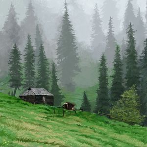 Превью обои хижина, деревья, трава, арт