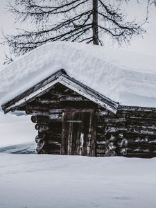 Превью обои хижина, деревянный, снег, сугробы, зима