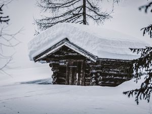 Превью обои хижина, деревянный, снег, сугробы, зима