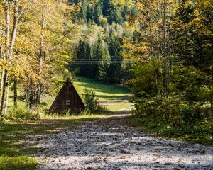 Превью обои хижина, дорога, деревья, гора, природа