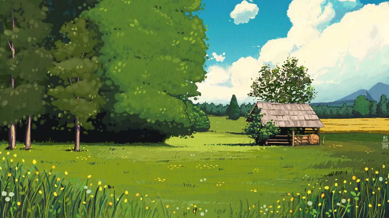 Обои хижина, лес, арт