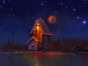 Превью обои хижина, ночь, огни, луна, арт