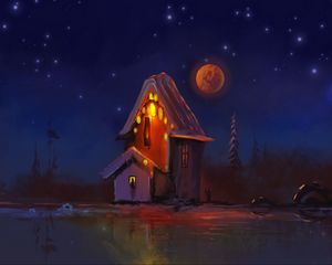 Превью обои хижина, ночь, огни, луна, арт