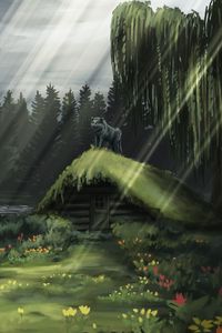 Превью обои хижина, волк, лучи, лес, арт