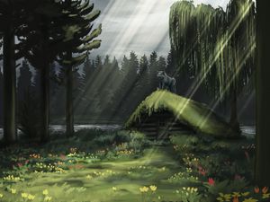 Превью обои хижина, волк, лучи, лес, арт