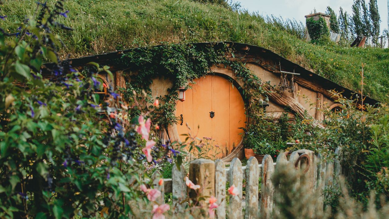 Обои холм, домик, пещера, дверь, цветы