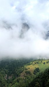 Превью обои холм, горы, деревья, туман, облака, пейзаж