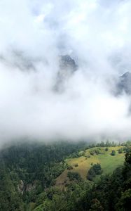 Превью обои холм, горы, деревья, туман, облака, пейзаж