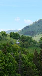 Превью обои холмы, деревья, дома, небо, природа