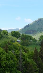 Превью обои холмы, деревья, дома, небо, природа