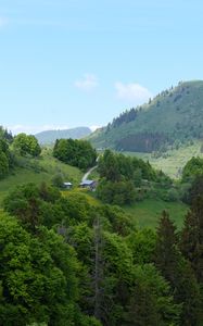 Превью обои холмы, деревья, дома, небо, природа