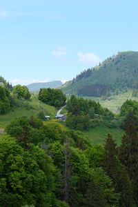 Превью обои холмы, деревья, дома, небо, природа
