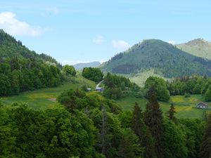 Превью обои холмы, деревья, дома, небо, природа