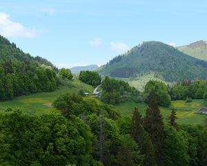 Превью обои холмы, деревья, дома, небо, природа