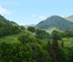 Превью обои холмы, деревья, дома, небо, природа