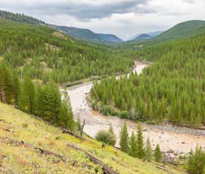 Превью обои холмы, деревья, река, природа, пейзаж