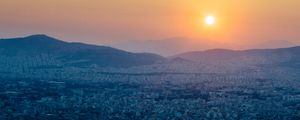 Превью обои холмы, город, вид сверху, рассвет