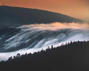 Превью обои холмы, горы, деревья, облака, пейзаж, закат