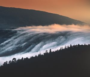 Превью обои холмы, горы, деревья, облака, пейзаж, закат