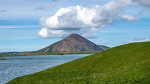 Превью обои холмы, пейзаж, гора, море, цветы