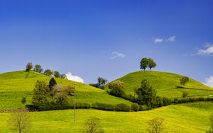 Превью обои холмы, поле, деревья, облака, пейзаж