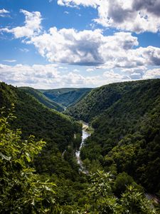 Превью обои холмы, река, долина, деревья, кусты