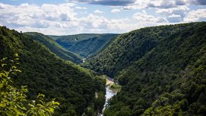 Превью обои холмы, река, долина, деревья, кусты