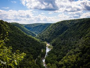 Превью обои холмы, река, долина, деревья, кусты